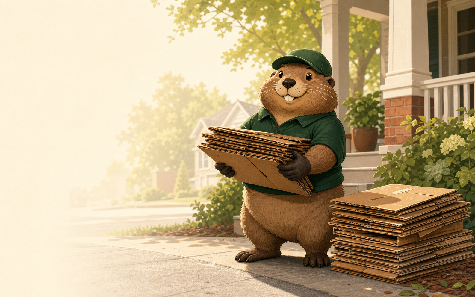 A friendly Box Gopher mascot holding flattened cardboard beside a tidy stack on a neighborhood porch.